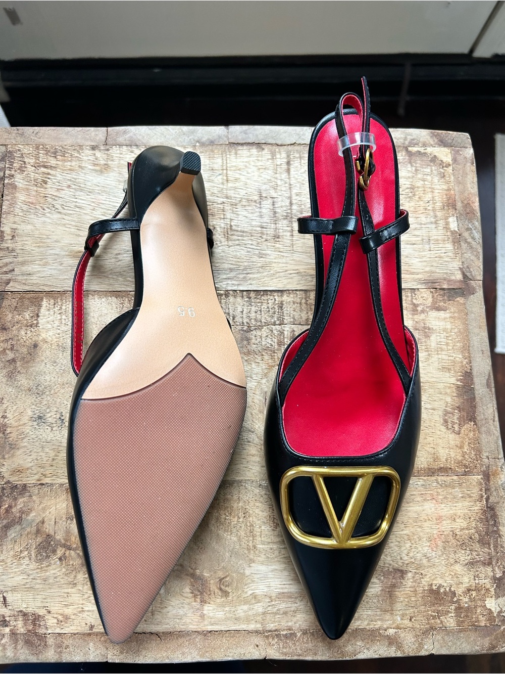 Valentino Black Pointed Slingback Heels with Gold Emblem and Red Insole - Picture 2 of 4
